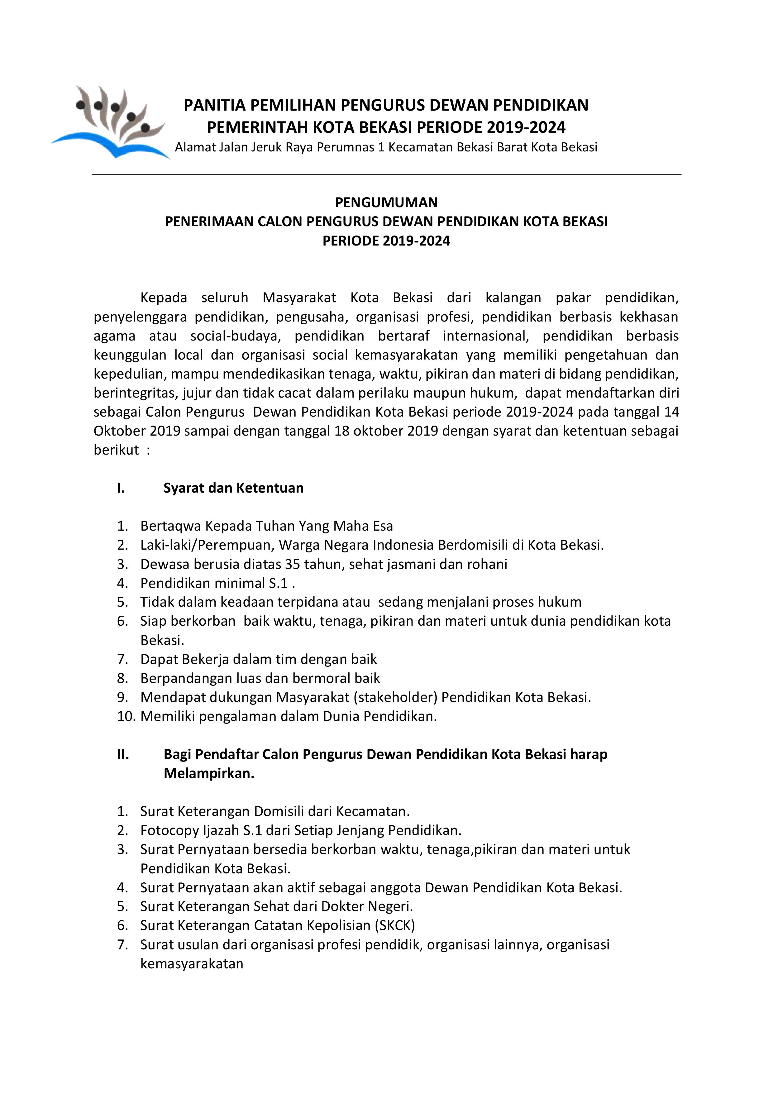 Penerimaan Calon Pengurus Dewan Pendidikan Kota Bekasi Periode 2019-2024