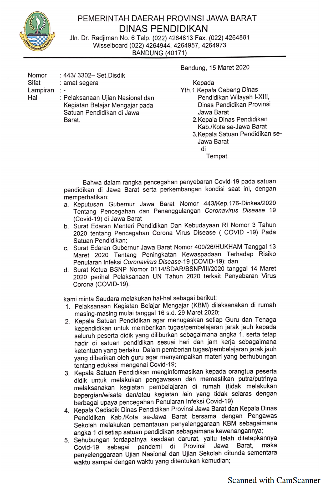 Edaran Dinas Pendidikan Provinsi Jawa Barat :Penghentian Aktifitas KBM sementara